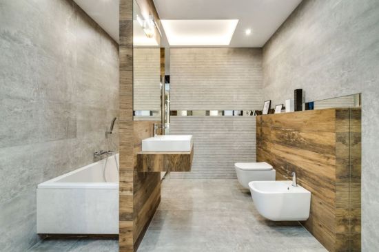 Ванная комната бетон и дерево дизайн