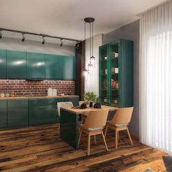 Кухня гостиная дизайн с зеленым диваном