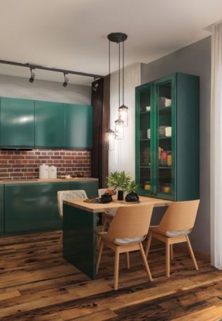 Кухня гостиная дизайн с зеленым диваном