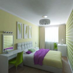 Дизайн удлиненной спальни с одним окном