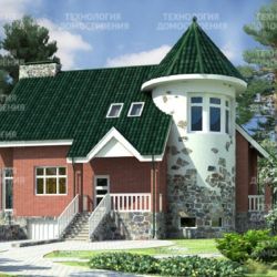 Дом из бруса с зеленой крышей