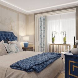 Серо голубая кровать в интерьере спальни