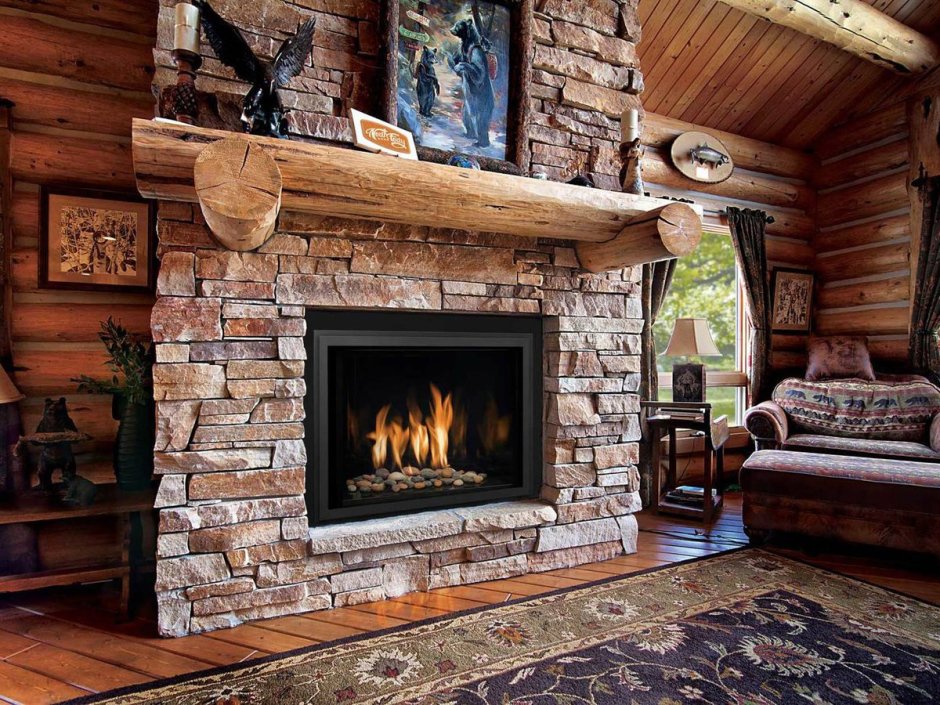 Камин обшитый деревом