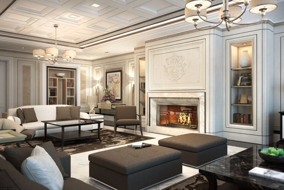 Гостиная с камином 18 кв м Неоклассика