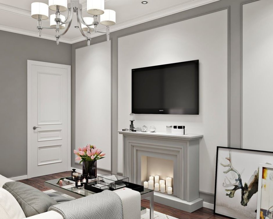 Светлая гостиная с камином