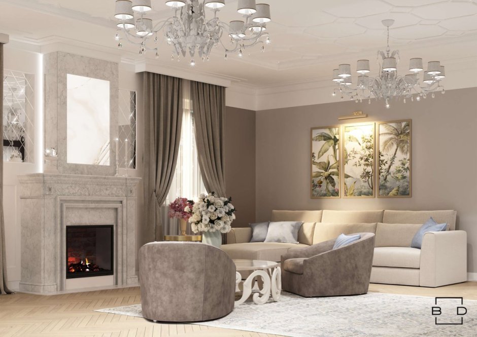 Гостиная с камином в классическом стиле