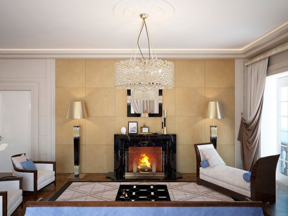 Неоклассика в интерьере гостиной с камином