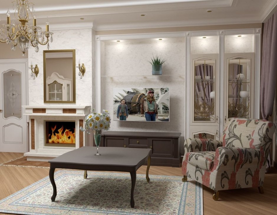 Гостиная в американском стиле с камином