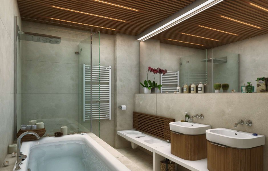 Деревянный потолок в ванной