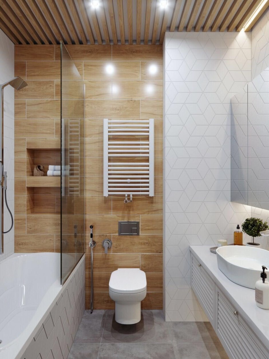 Санузел под дерево и белая плитка