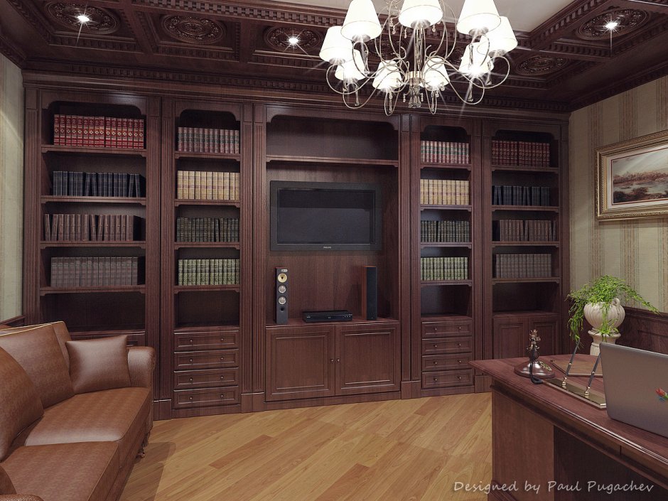 Интерьер домашней библиотеки кабинета
