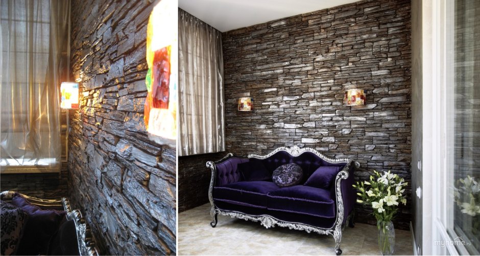 Темный искусственный камень в интерьере
