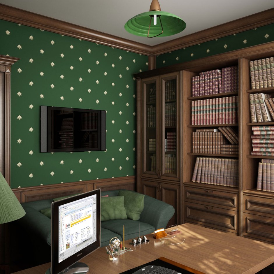 Кабинет с зелеными стенами