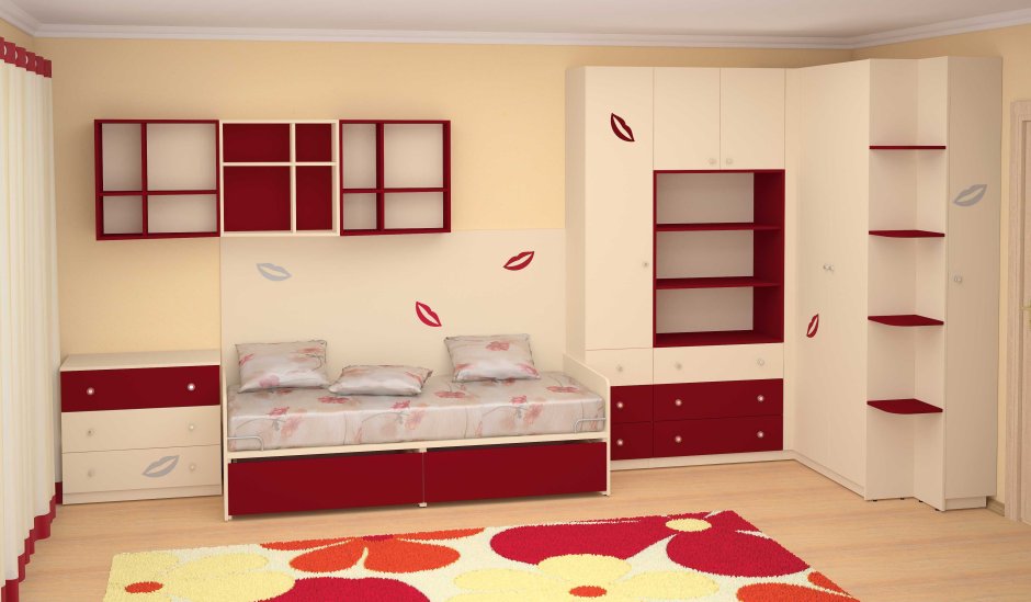 Красная детская с бежевой мебелью