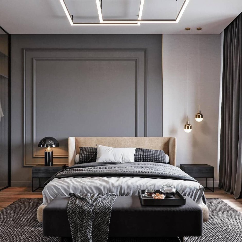 Молдинги в интерьере спальни в современном стиле