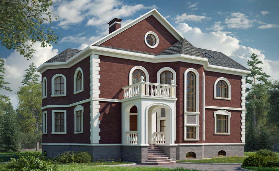 Двухэтажный кирпичный дом в классическом стиле