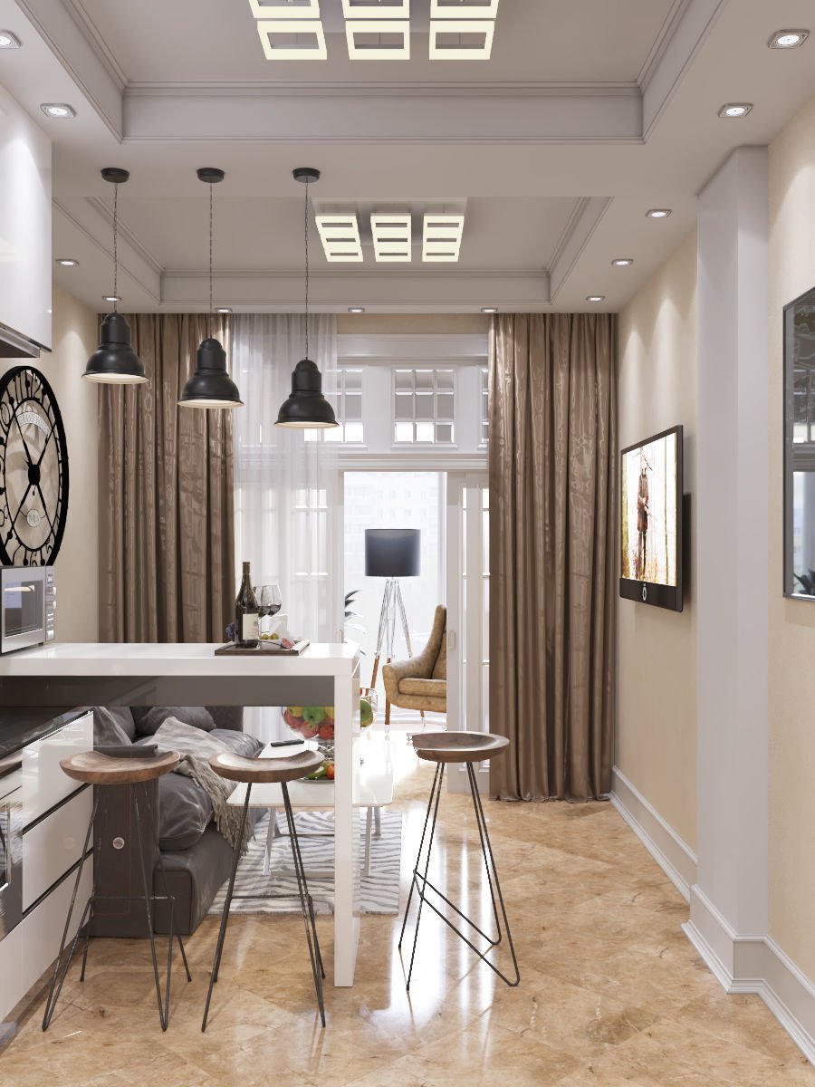 Узкая прямоугольная кухня гостиная