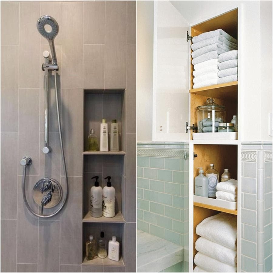 Встроенный стеллаж в ванной