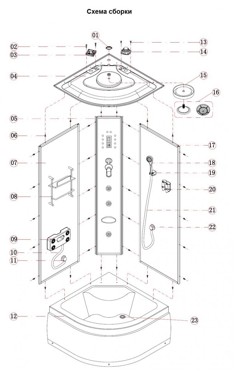 Схема сборки душевой кабины Ниагара 120х80