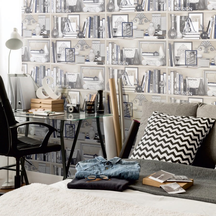 Обои книжные полки в интерьере