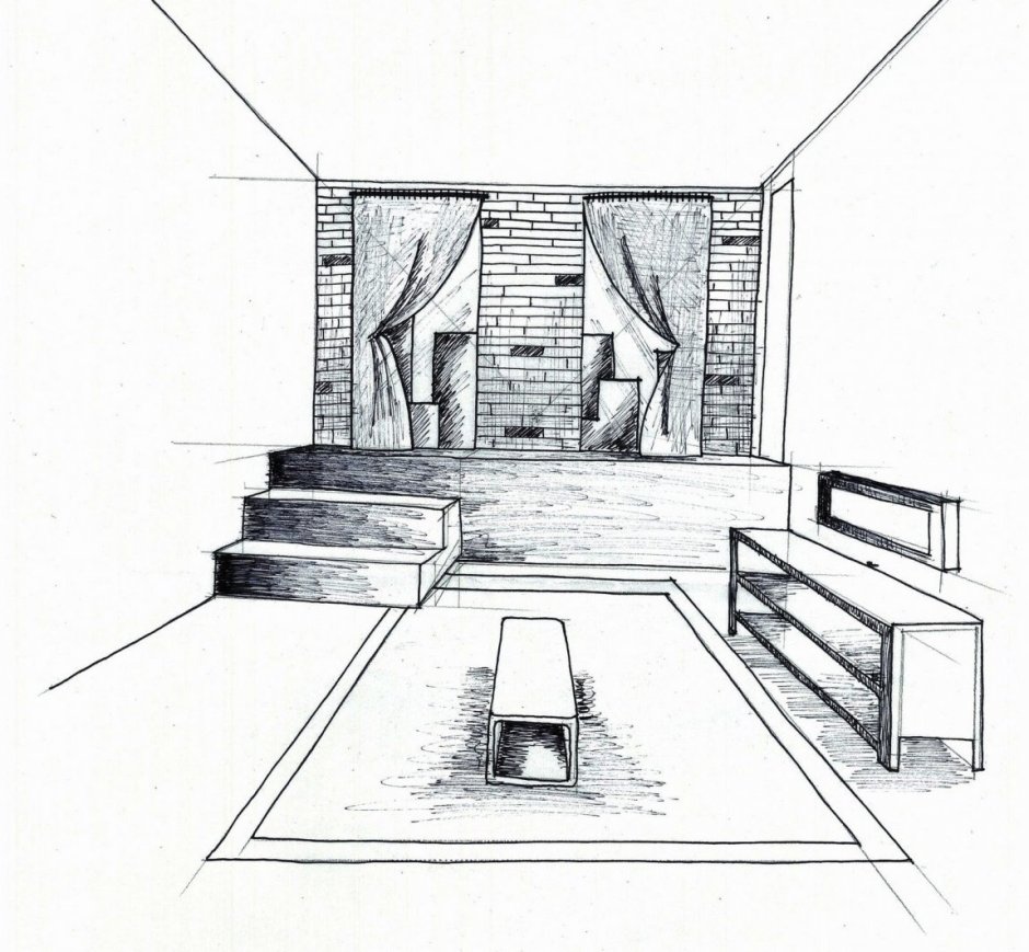 Перспектива в интерьере фронтальная снизу