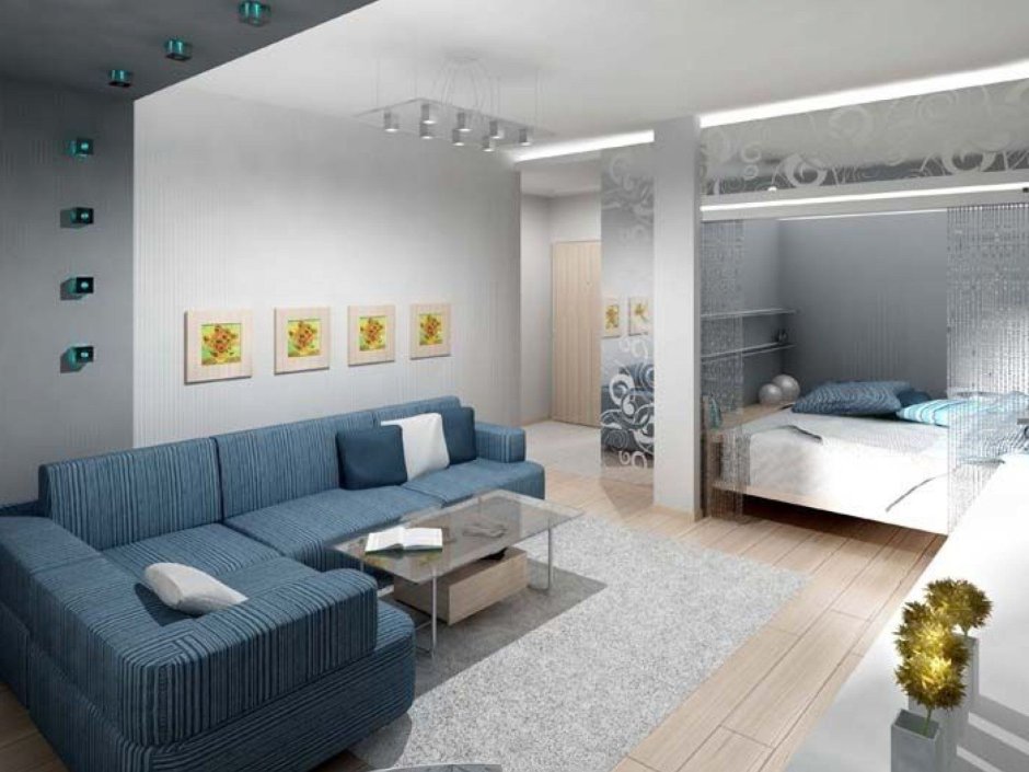 Планировка комнаты с кроватью и диваном