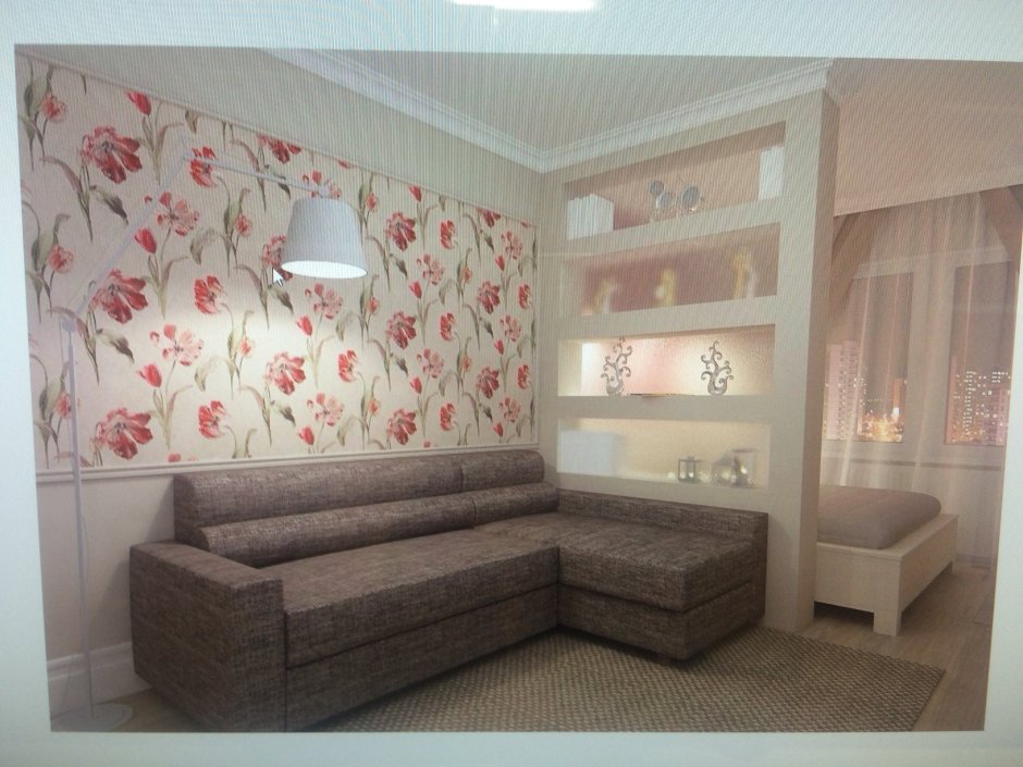 Спальня с кроватью и диваном