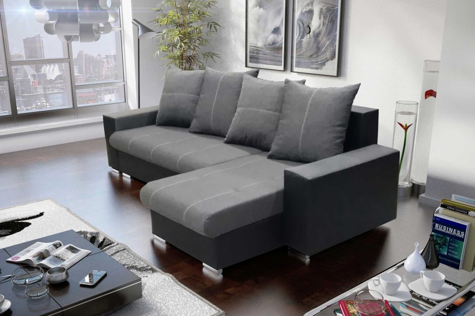 Диван угловой серый с подушками