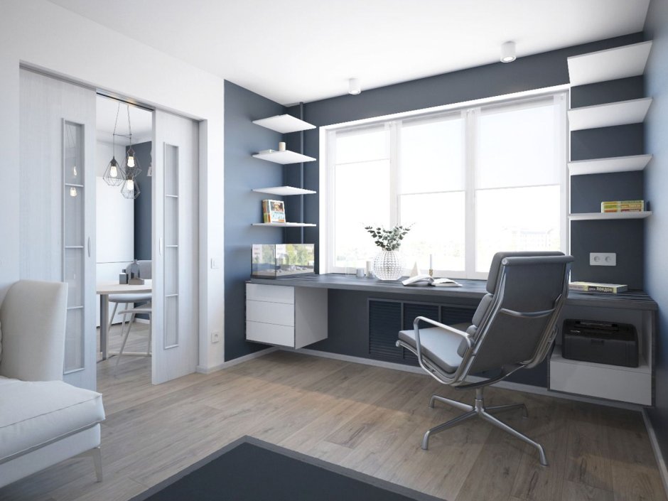 Стол у окна с полками