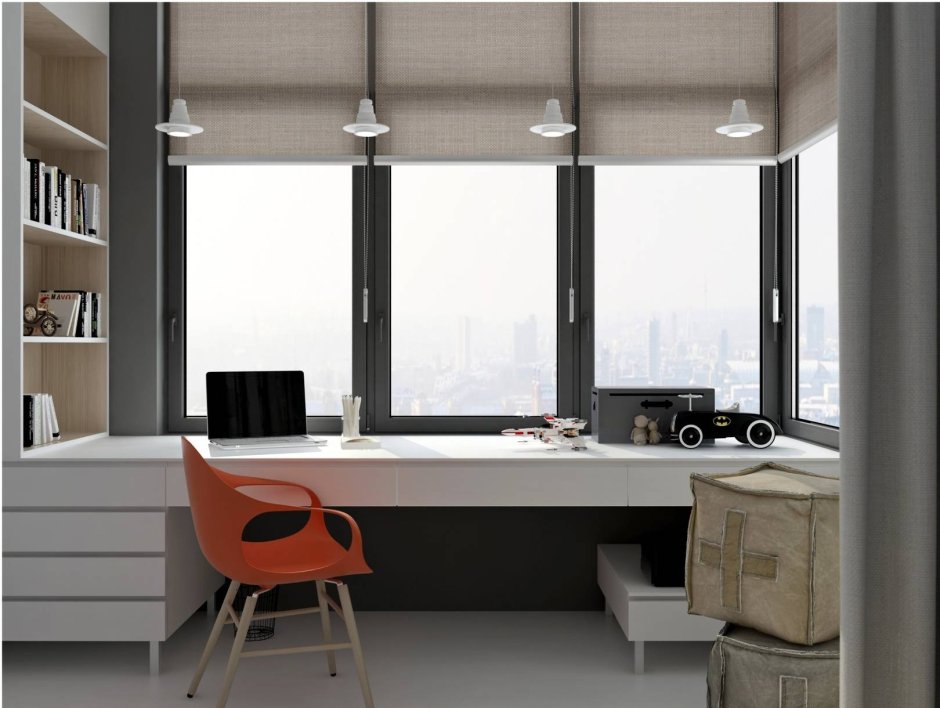 Стол у окна с полками