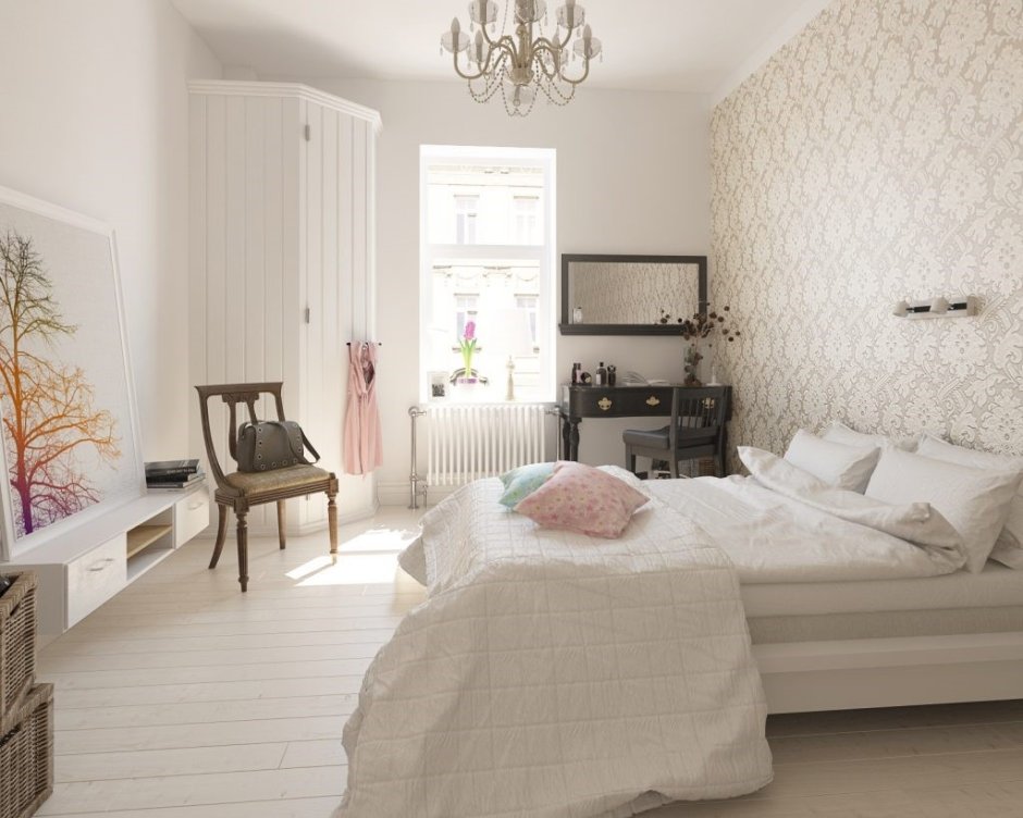 Спальня в скандинавском стиле в светлых тонах