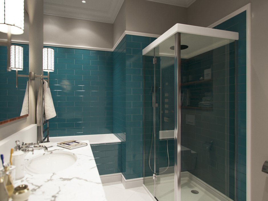 Ванная комната с душевой в бирюзовых тонах