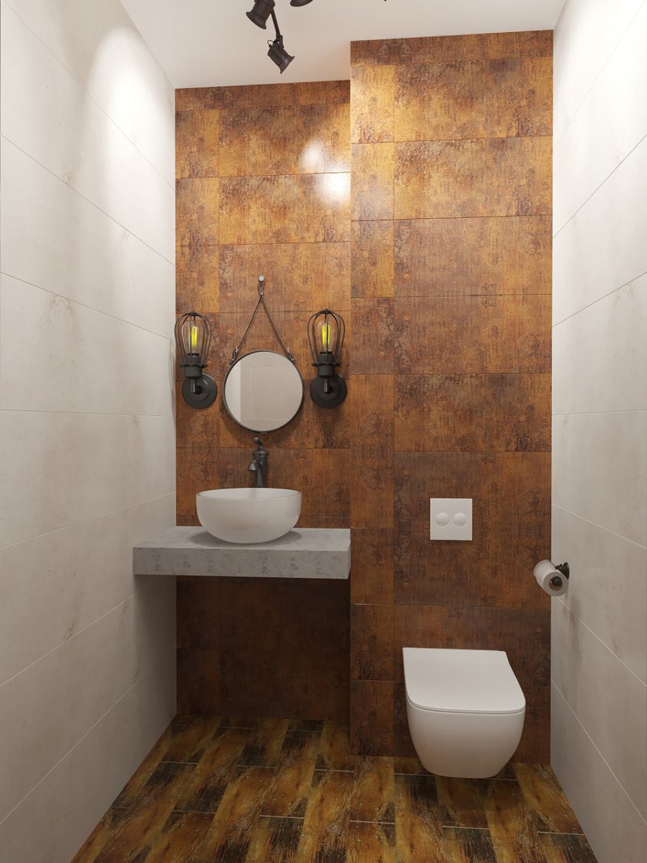 Туалет бетон и дерево в стиле лофт
