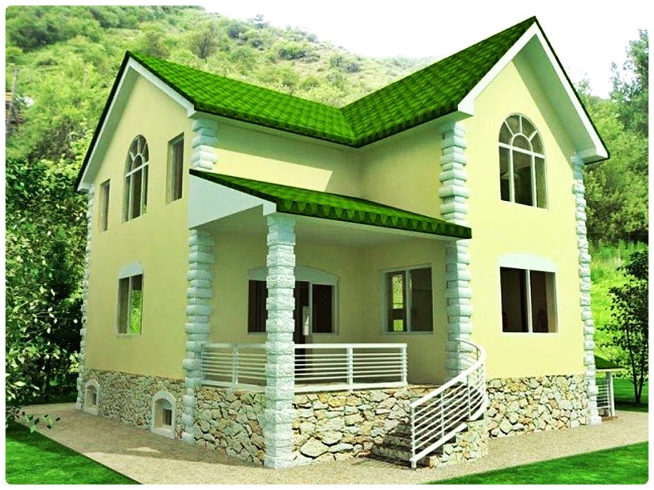 Бежевый дом с зеленой крышей