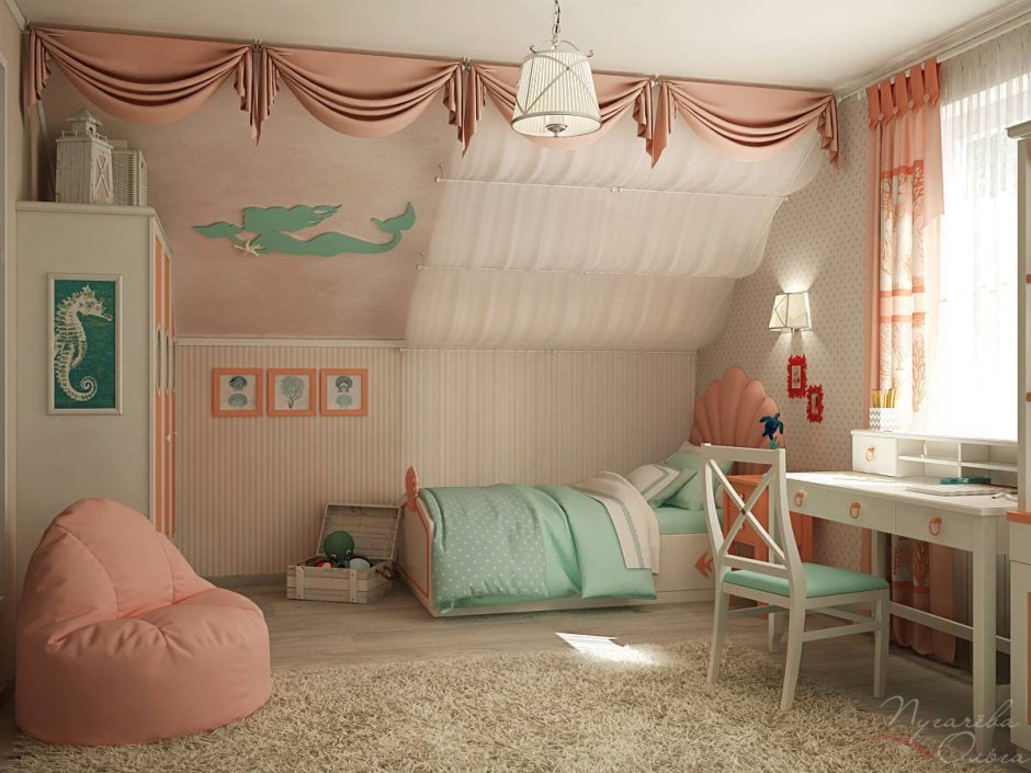 Детская на мансарде девочке