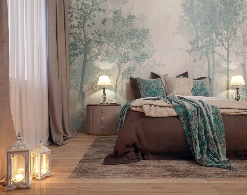 Спальня в изумрудно бежевых тонах