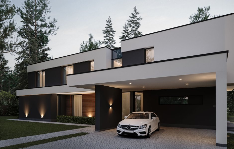 Дом с плоской крышей и гаражом