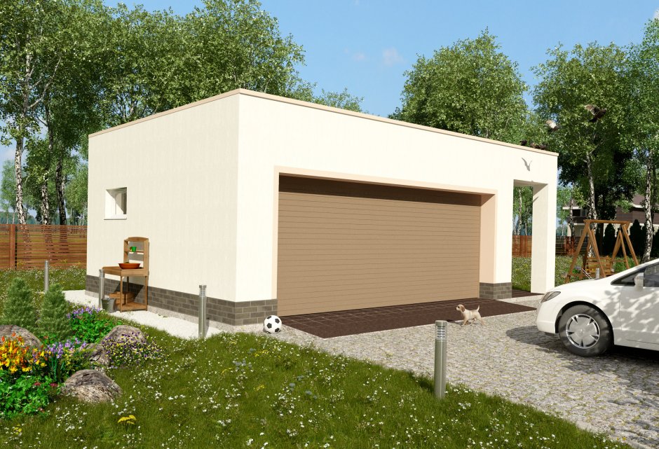 Одноэтажный дом с плоской крышей и гаражом