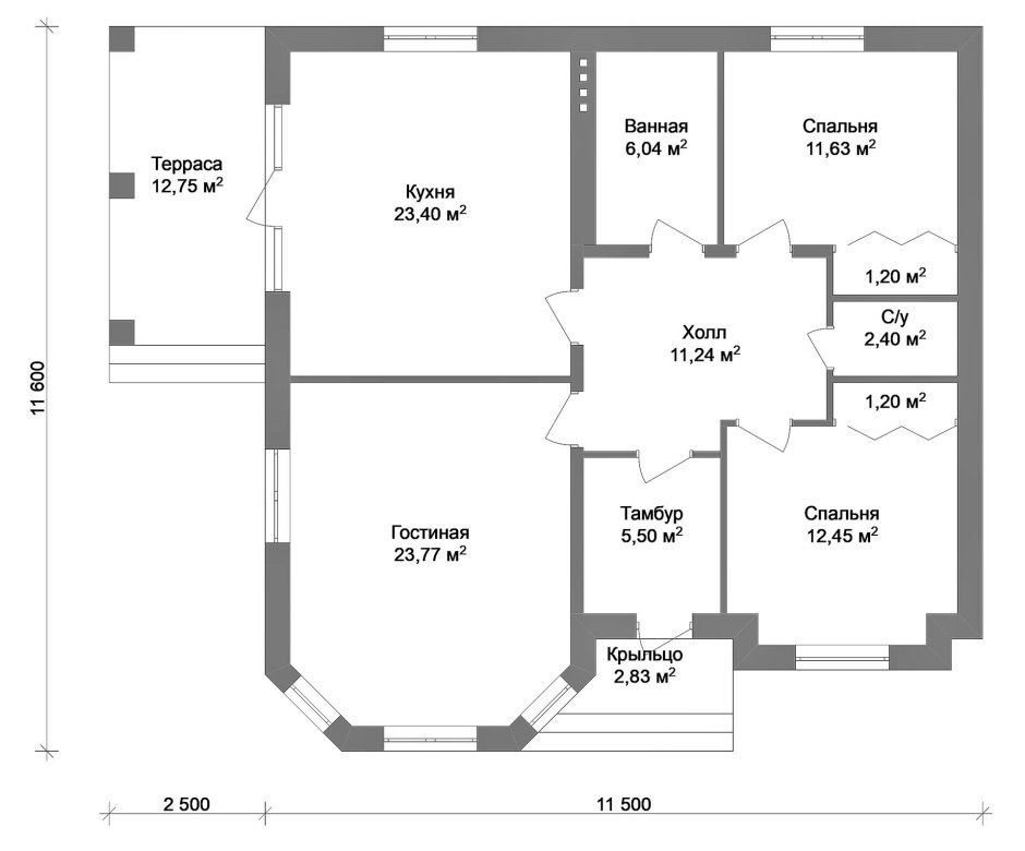 Планировка одноэтажного дома 120 кв.м с 2 спальнями и террасой