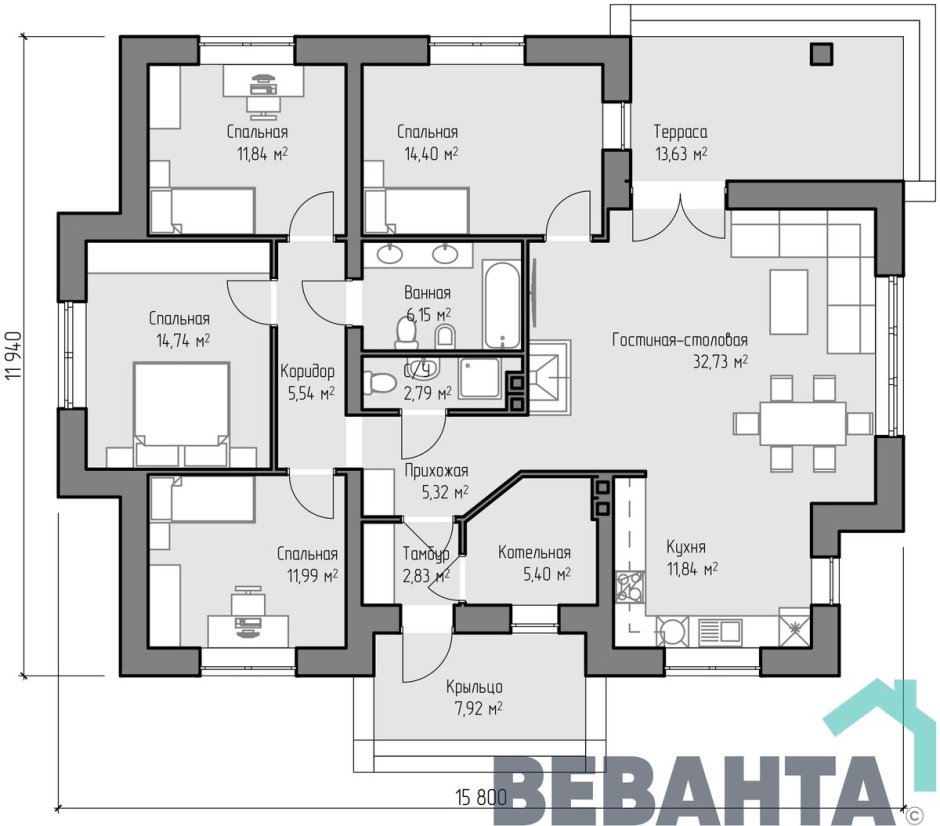 Одноэтажный дом 10на 12 с тремя спальнями и с террасой