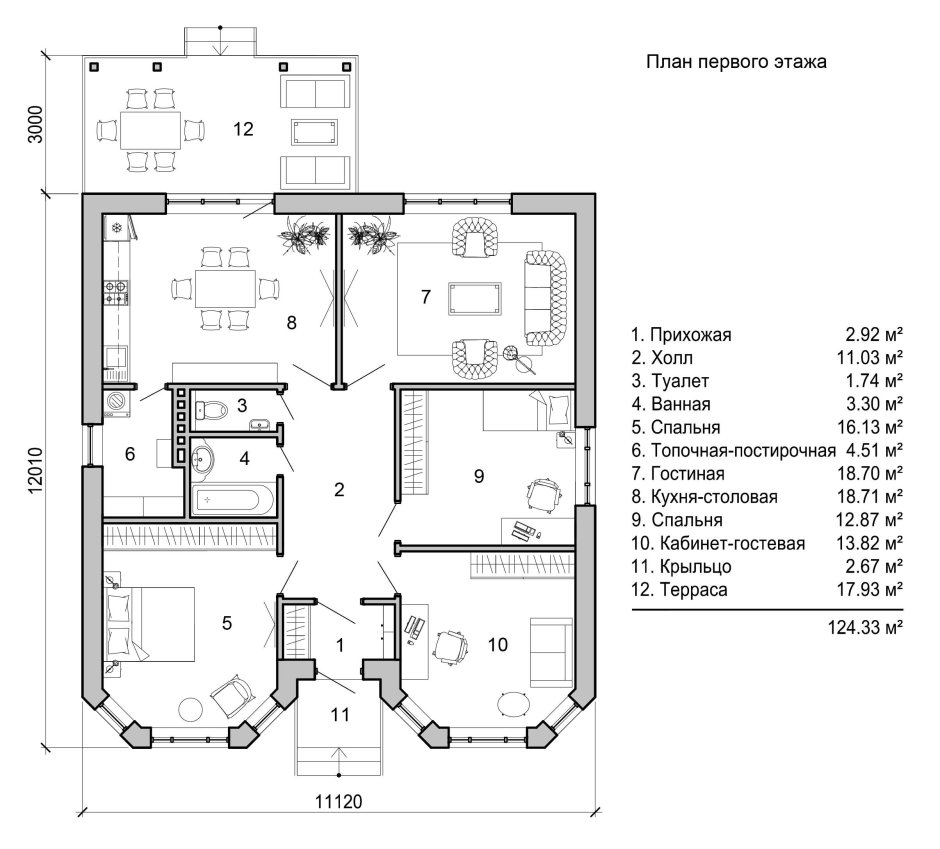 Чертежи одноэтажных домов с двумя эркерами спереди