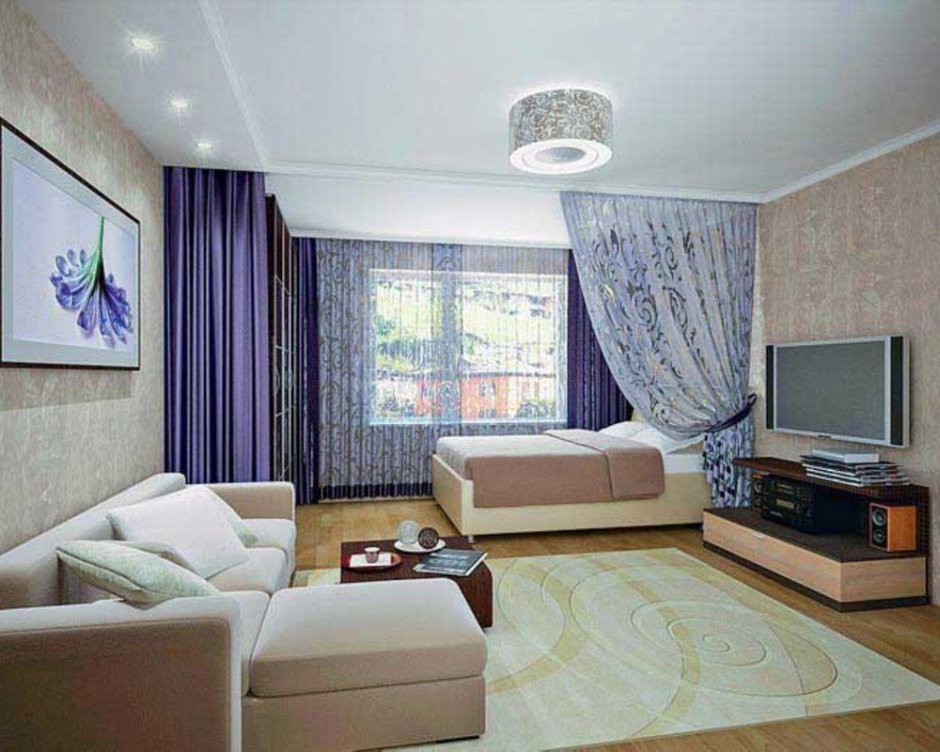 Планировка комнаты с кроватью и диваном