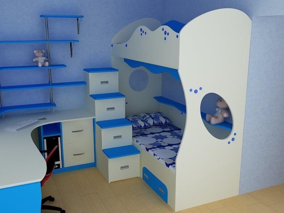 Угловая двухъярусная кровать со столом