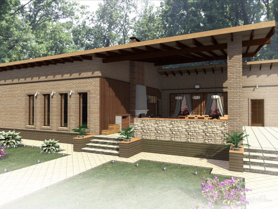 Кирпичная баня с террасой