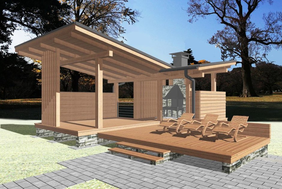 Беседка барбекю с односкатной крышей
