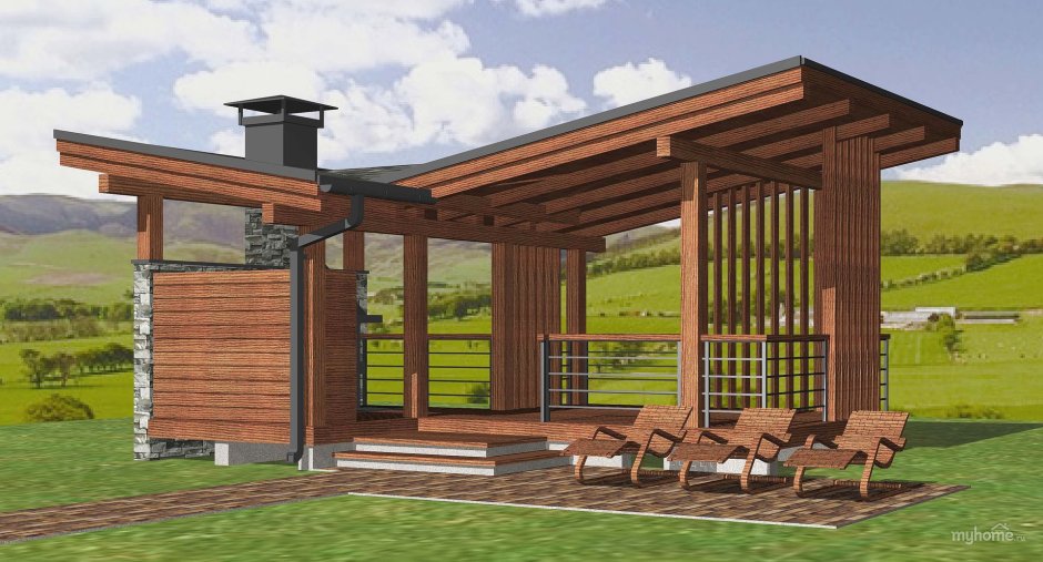 Беседка с барбекю и мангалом с односкатной крышей