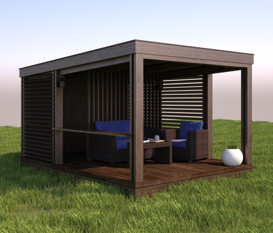 Баня с односкатной крышей и террасой и зоной барбекю