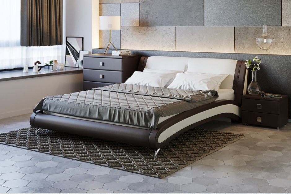 Кровать с мягким кожаным изголовьем