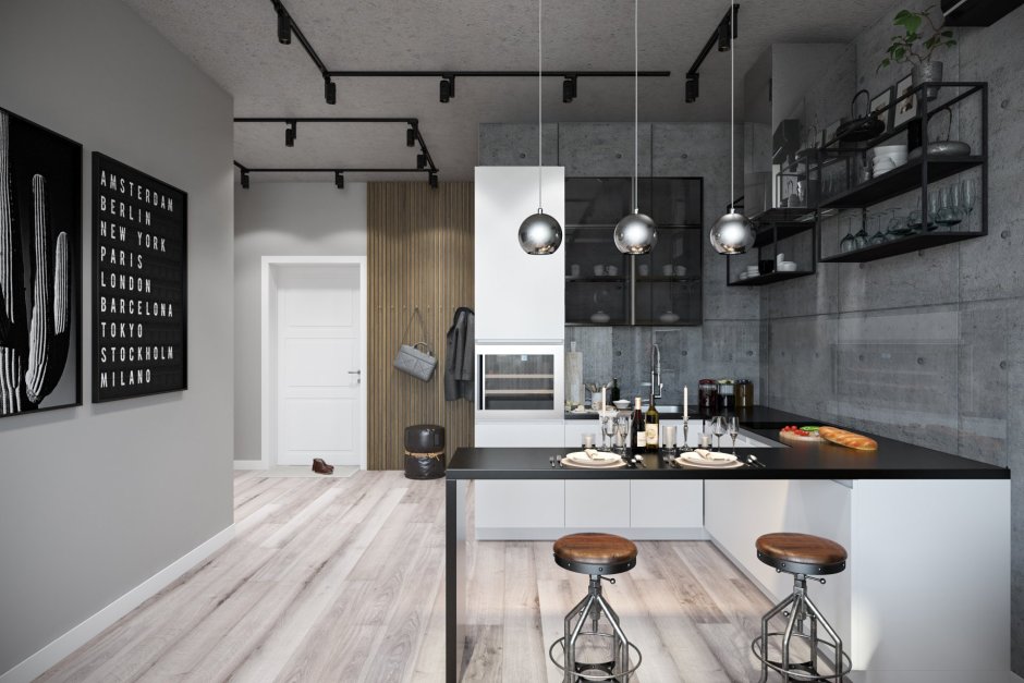 Трековые светильники в интерьере кухни