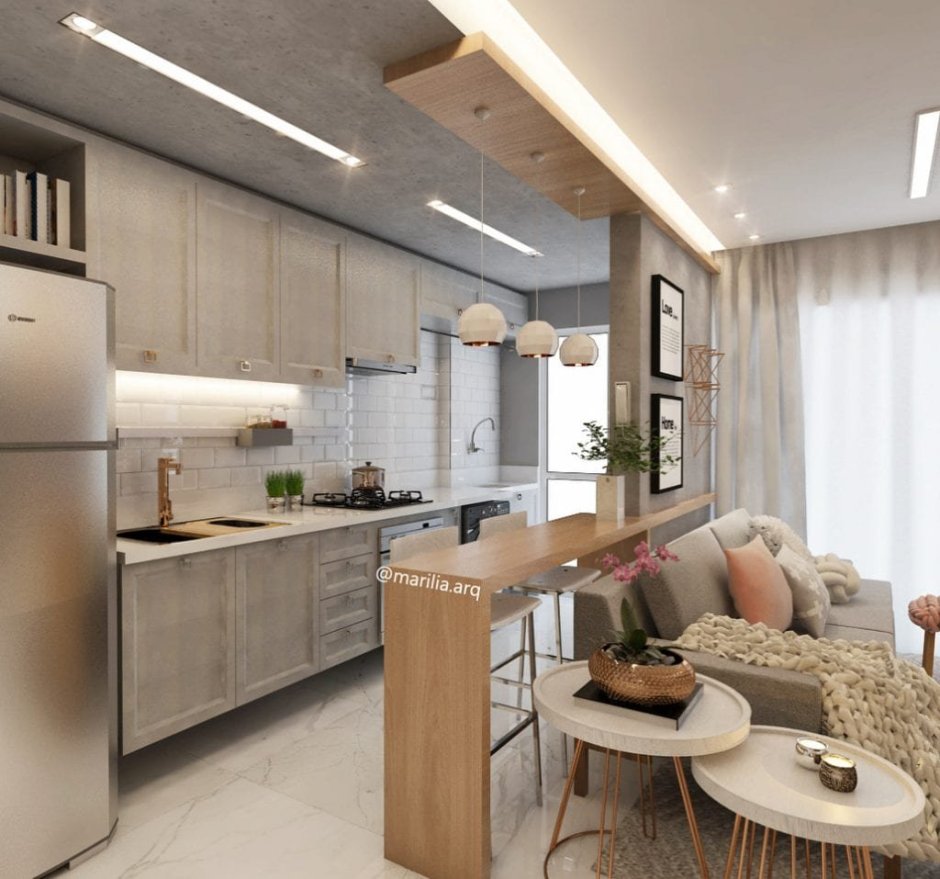 Интерьер длинной кухни гостиной